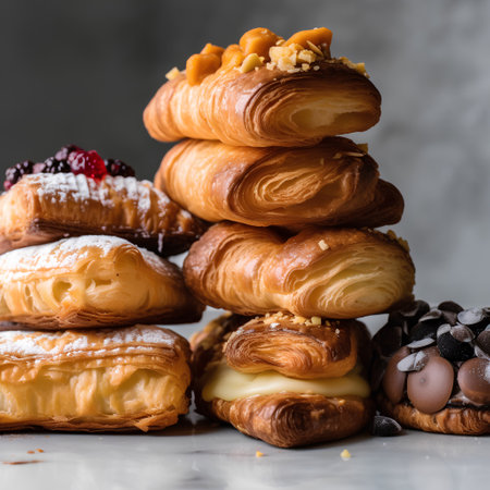 Choux pastry with different fillings on a gray background. French pastry.の素材