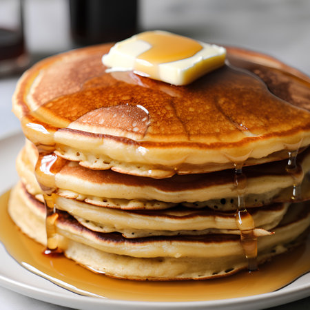 Stack of pancakes with honey and butter on a plate, closeupの素材