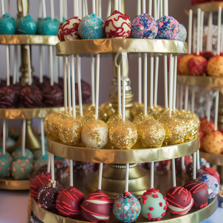 Colorful chocolate candies with sprinkles on a stand in a candy shopの素材