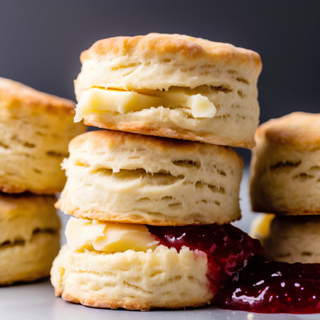 Close up of homemade scones with raspberry jam on dark background.の素材