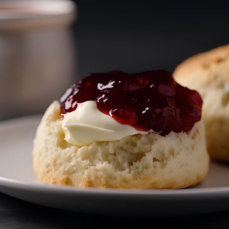 Scones with strawberry jam and butter on a dark background.の素材