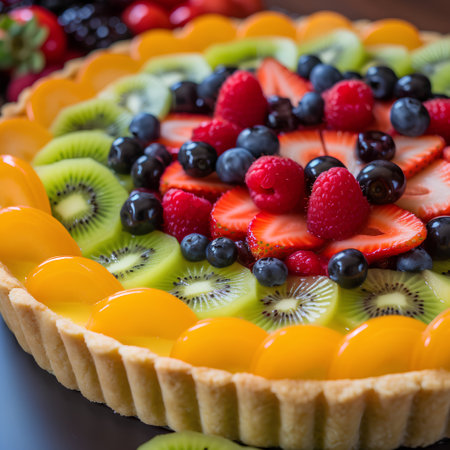 Delicious fruit tart with fresh berries and fruits on a dark backgroundの素材