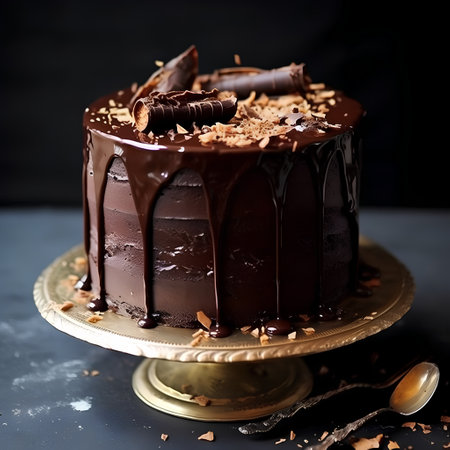 Chocolate cake with cream and chocolate shavings on dark backgroundの素材