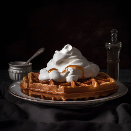 Belgian waffles with whipped cream on a dark wooden background.の素材