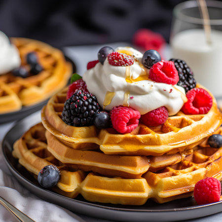 Belgian waffles with fresh berries and whipped cream on a dark background.の素材