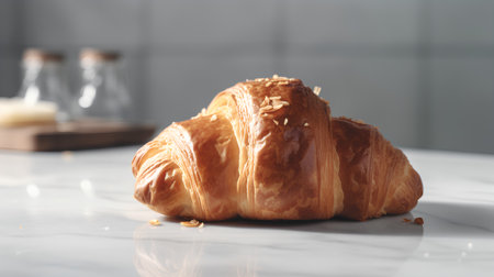 Freshly baked croissant on white marble table, selective focusの素材