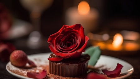 Chocolate cake with red rose on a dark background. Selective focus.の素材
