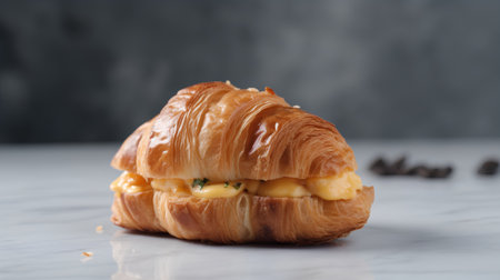Croissant with cheese and ham on a white marble background.の素材