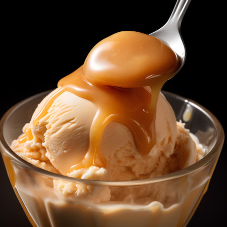 Vanilla ice cream with caramel sauce in glass bowl on black backgroundの素材