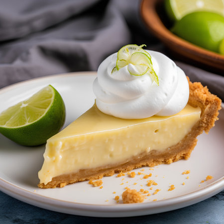 Piece of cheesecake with lime and whipped cream on a plateの素材