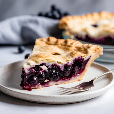 Blueberry pie on a white background. style vintage. selective focus.の素材