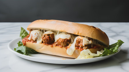 Bolognese beef and cheese sandwich on a white plate.の素材