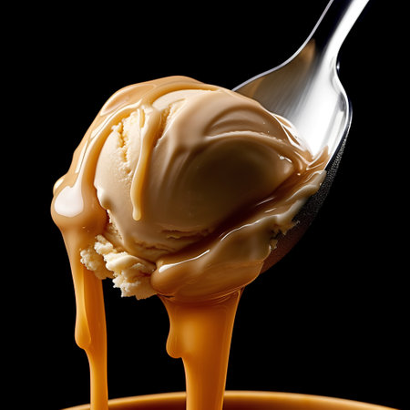 Scoop of caramel ice cream with spoon isolated on black backgroundの素材
