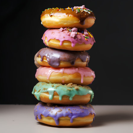 Stack of colorful glazed donuts with sprinkles isolated on black backgroundの素材