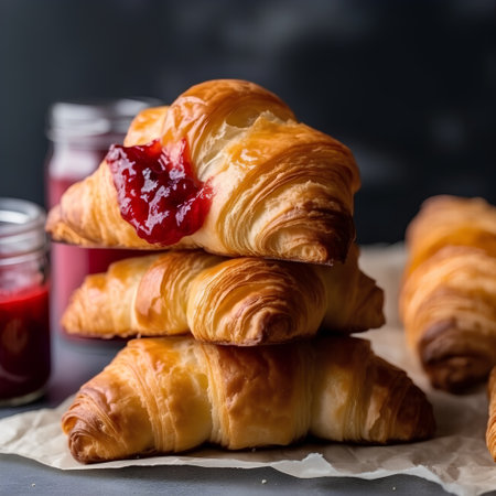 Freshly baked croissants with strawberry jam on a black backgroundの素材
