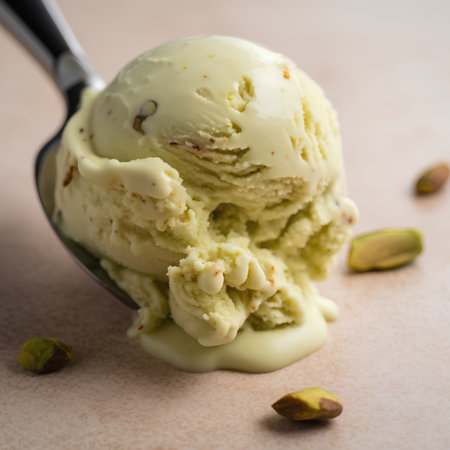Scoop of pistachio ice cream with spoon on brown backgroundの素材