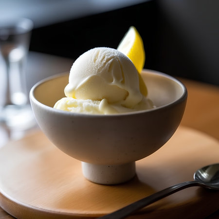 Vanilla ice cream with lemon in a bowl on a wooden tableの素材