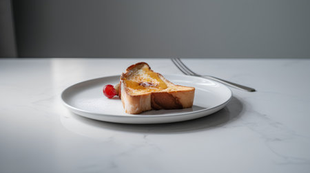 French toast with cherry on a white plate on a marble background.の素材