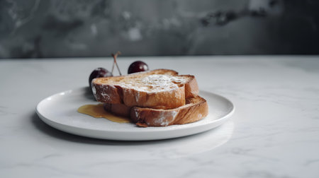 French toast with cherries and honey on a white plate on a marble backgroundの素材