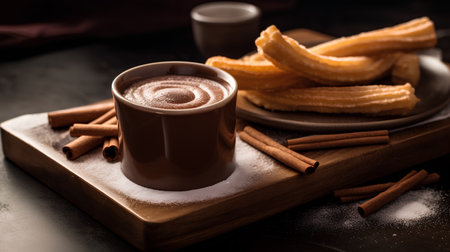 Cup of hot chocolate with churros and cinnamon sticks.の素材
