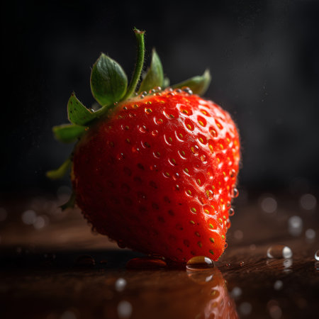 strawberry with drops of water on a wooden table, dark backgroundの素材