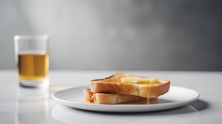 Toasted bread with butter on white plate and glass of whiskey on grey backgroundの素材