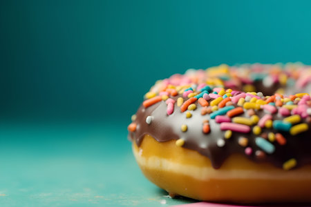 Donut with colorful sprinkles on a green background. Toned.の素材
