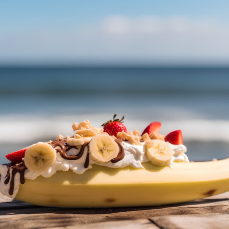 Banana with whipped cream, strawberries and banana slices on wooden table by the seaの素材