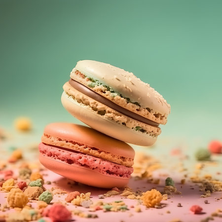 Colorful macaroons on pastel background. Toned.の素材
