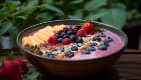 Healthy berry smoothie bowl with fresh berries and oat flakes.の素材
