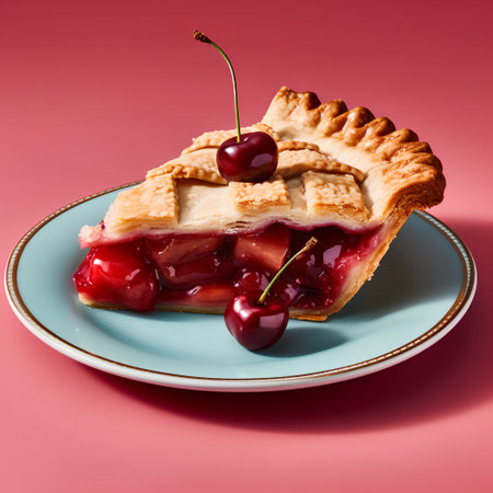 Piece of cherry pie on a blue plate on a pink backgroundの素材