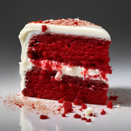 Piece of red velvet cake on a gray background with copy spaceの素材