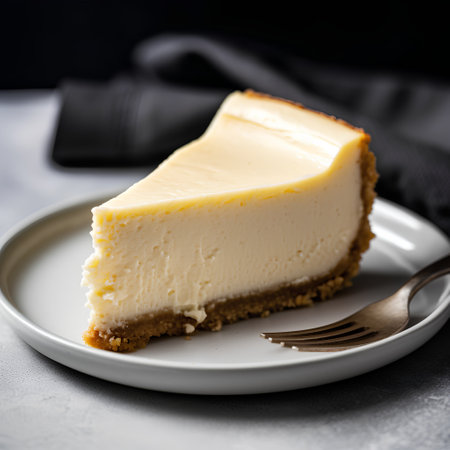 Cheesecake on a white plate on a dark background, selective focus.の素材
