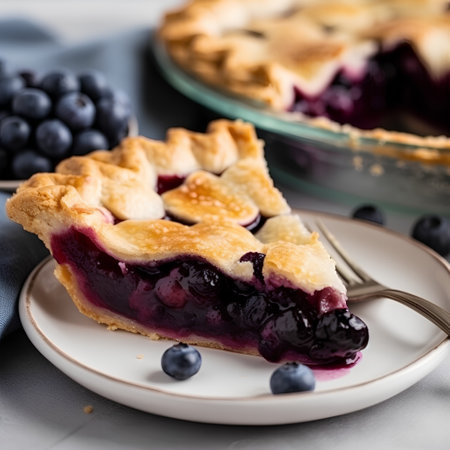 Blueberry pie with fresh berries on a plate. Selective focus.の素材