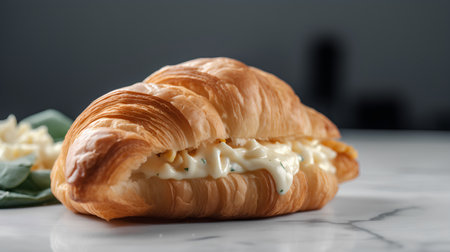 Croissant with cheese on white marble background. Toned.の素材