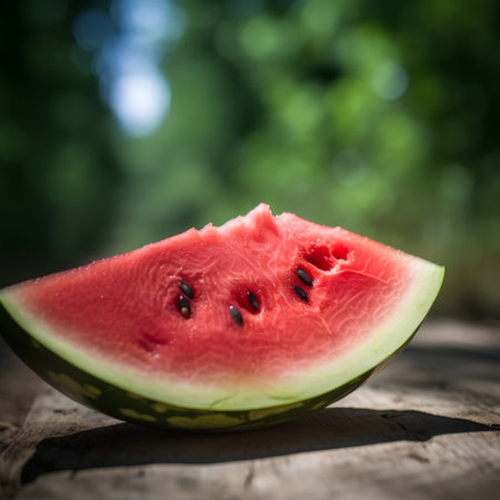 Fresh watermelon on wooden table with bokeh nature background.の素材