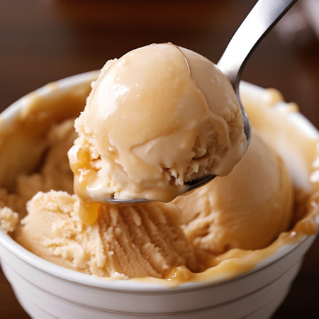 Scoops of vanilla ice cream in a bowl, close upの素材
