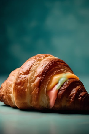 Croissant with cheese and ham on a turquoise backgroundの素材