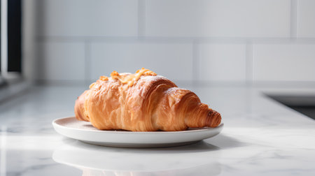Freshly baked croissant on a white plate in the kitchenの素材