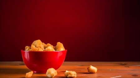 Deep fried dough stick in red bowl on wooden table and red backgroundの素材