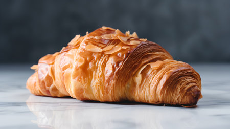 Freshly baked croissant with almonds on a marble surface.の素材