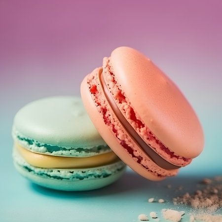 Colorful macaroons on blue and pink background. Toned.の素材