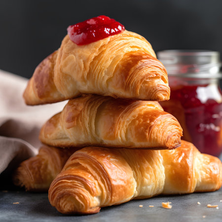 Freshly baked croissants with strawberry jam on a black backgroundの素材