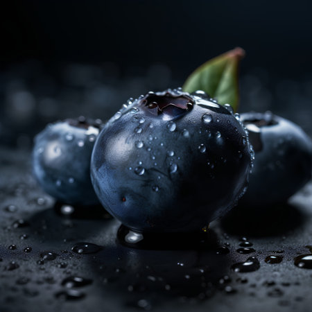 Fresh blueberries with water drops on a dark background. Shallow depth of fieldの素材