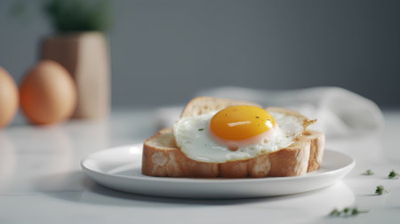 Fried egg on toast with thyme on a white background.の素材