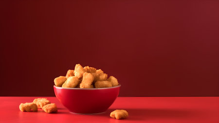 Bowl with tasty fried chicken nuggets on color background. Space for textの素材