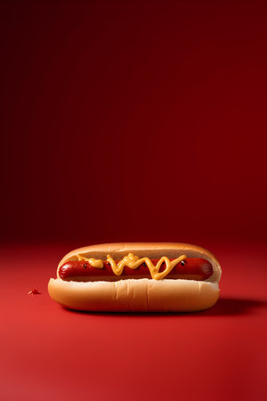 Hot dog with mustard and ketchup on red background. Fast food concept.の素材
