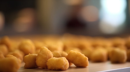 Fried chicken nuggets in a row, shallow depth of fieldの素材