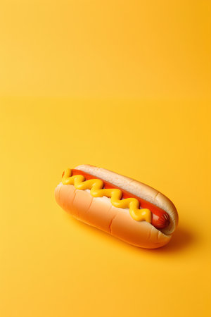 Hot dog with mustard and ketchup on yellow background. 3d renderingの素材