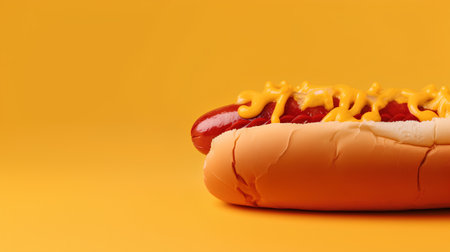 Hot dog with mustard and ketchup on yellow background, close upの素材